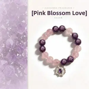 [Pink Blossom Love] crystal bracelet, purple lepidolite rose quartz, flower spacer star accent, unisex daily gift, 12mm beads, natural stone, love beauty good luck symbol
