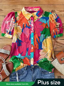 【Plus Size】 All Over Print Puff Sleeve Button Front Shirt, Casual Blouses, Casual Business Top, Casual Classy Top, Elegant Short Sleeve Collared Top for Summer, Women's Clothes for Daily Wear