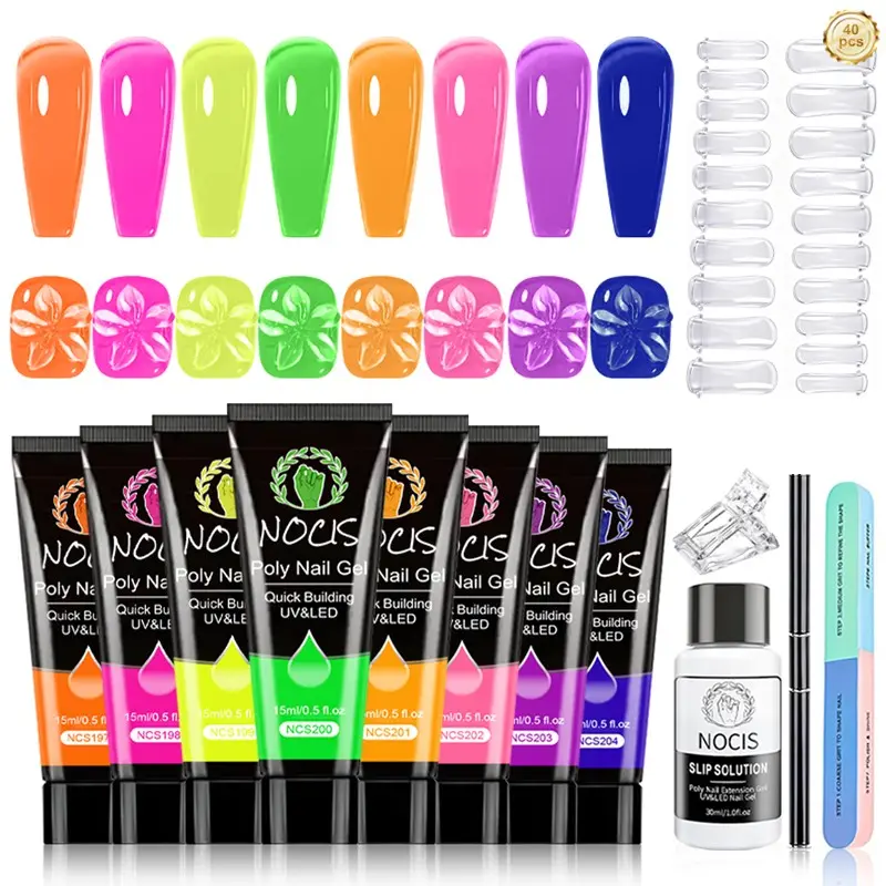 Nocis 8 Color 15ML High-End Pain-Free Extension Glue, Poly Gel Kit, Polygel Nails, Full Set Tools, No Damage Nail, Ultra Comfortable, Professional Manicure Kit, Nail Art Kits