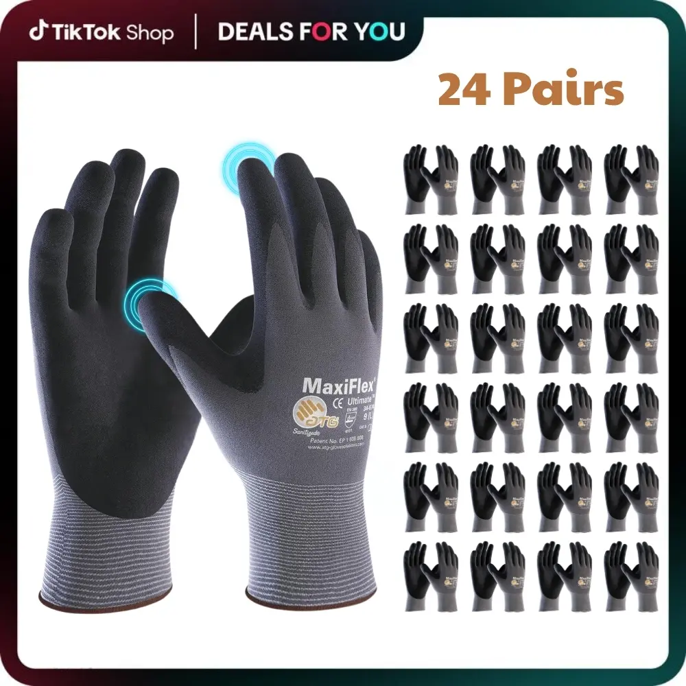 6/12/24 Pairs MaxiFlex 34-874 Ultimate Nitrile Work Gloves, Micro-Foam Grip Palm & Fingers, Lightweight Flexible Safety Gloves for Construction, Gardening, Mechanics & DIY