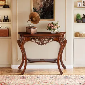 LITTLE TREE Antique Console Table, 38 Inch Victorian Half Moon Sofa Table with Hollow Floral Apron and Cabriole Legs, Vintage Traditional Decorative Furniture Tables for Entryway, Hallway, Living Room