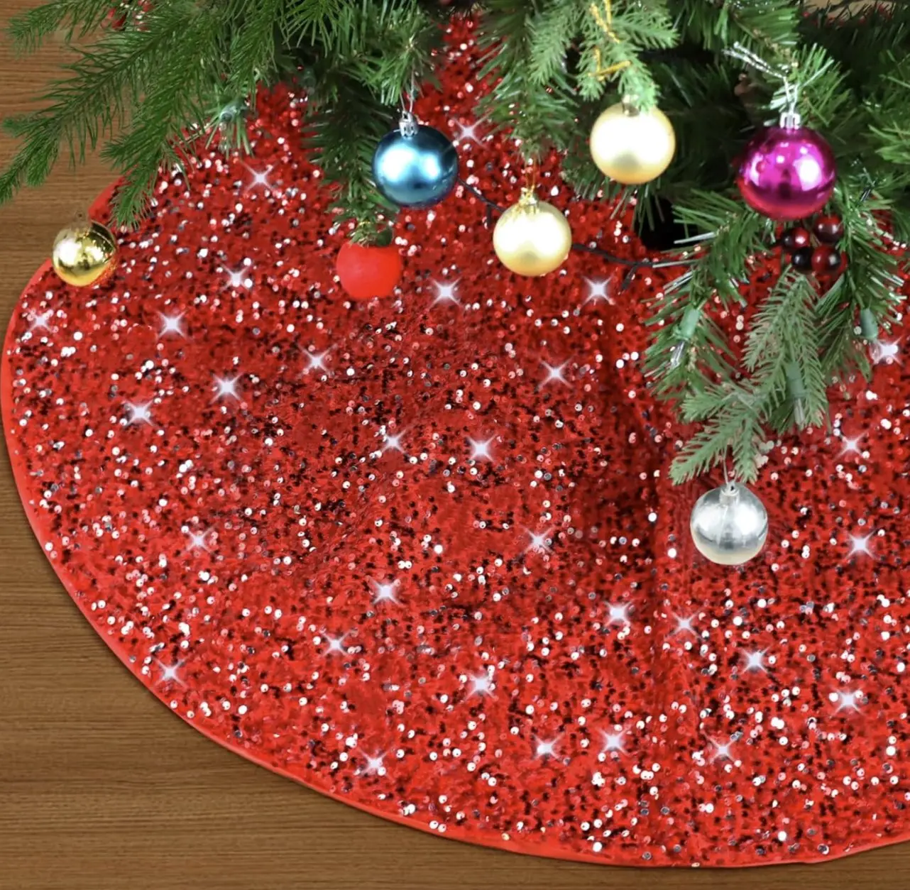 Christmas Tree Skirt 48 Inch Red Sequin Elegant Christmas Tree Floor Mat Indoor Outdoor Glitter Christmas Decoration Halloween Holiday (Red)
