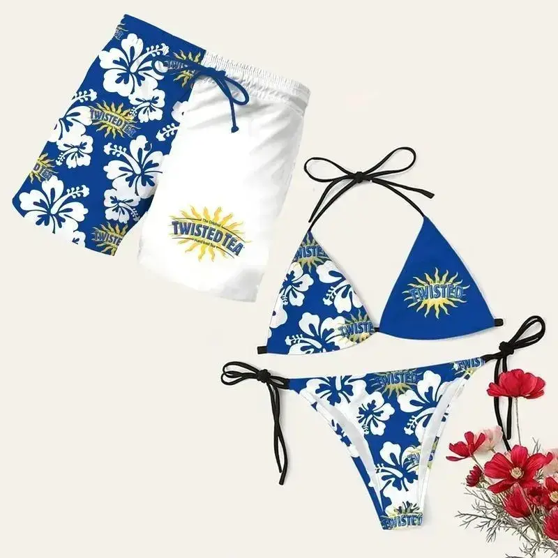 Hawaiian Shorts & Bikini Set, Tw!sted Tea Bikini And Hawaiian Shorts, Full Print String Bikini & Summer Holiday Casual Hawaiian Shorts, Gift for Men Women, Perfect for Beach, Pool, Gym, Outdoor Activities Hawaiian Shorts & Bikini Set