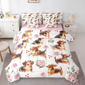 Comforter Set for Kids,7 Pieces Dachshund Bedding Set,Bed in a Bag,Reversible Romantic Rose Bed Set,Puppy Pet Comforter,Sheets,Pillowcases and Cushion Cases