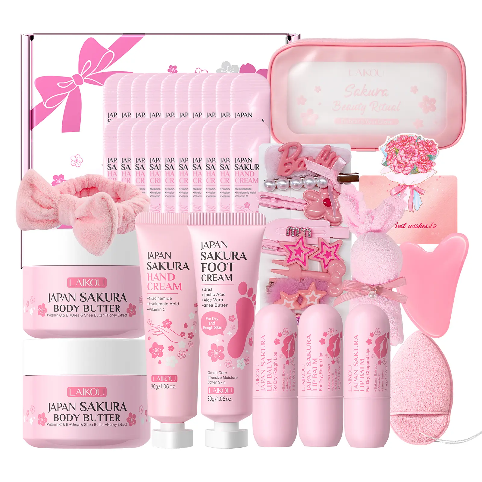 LAIKOU Sakura Body Care Gift Set, including lip balm, hand cream, and foot cream, along with moisturizing body butter, perfect for birthdays or weddings, suitable for sisters, mothers, and teenagers.