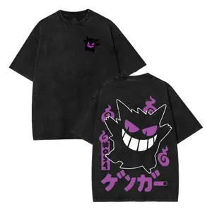 Gengarr Ghost Type Anime Shirt Japanese Kanji Oversized Wash, Retro Vintage Unisex Oversized Anime Graphic Tee – Trendy Y2K Acid Washed Double Printed Cotton T-Shirt, Outfits for Men, Manga Game Movie Lover Gift For Fans Merch