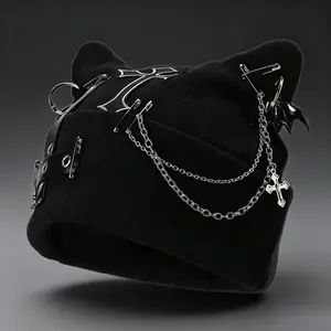 Women’s Gothic Cat Ear Beanie – Y2K Punk Grunge Winter Hat with Chain & Bat Charm, Adjustable Machine Washable Black Streetwear Accessory for Daily Wear & Party