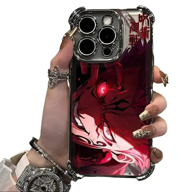 This phone case features the design of Satoru Gojo from the anime "Jujutsu Kaisen," compatible with iPhone 17, 16, 15, 14, and 13. It also includes a four-corner drop protection case.