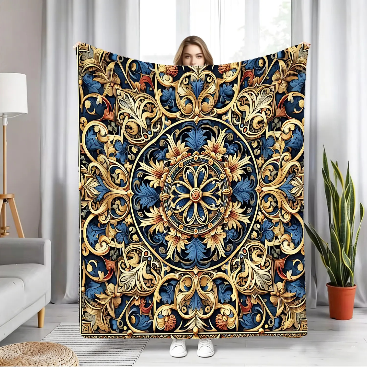 [Bohemian Mandala Throw Blanket] Ornate Blue & Gold Mandala Flannel Blanket, Floral Art Soft Throw Blanket for Home Decor, Cozy Bedding, Office Nap & Outdoor Camping, Lightweight, Warmth Gift.