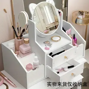 Stylish White Vanity Table with Large Storage Space, Practical Design & Aesthetic Cat-Ear Mirror for Bedroom Makeup & Organization