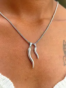 Italian Horn Pendant Stainless Steel Silver Cornetto, Unisex Necklace Cornicello