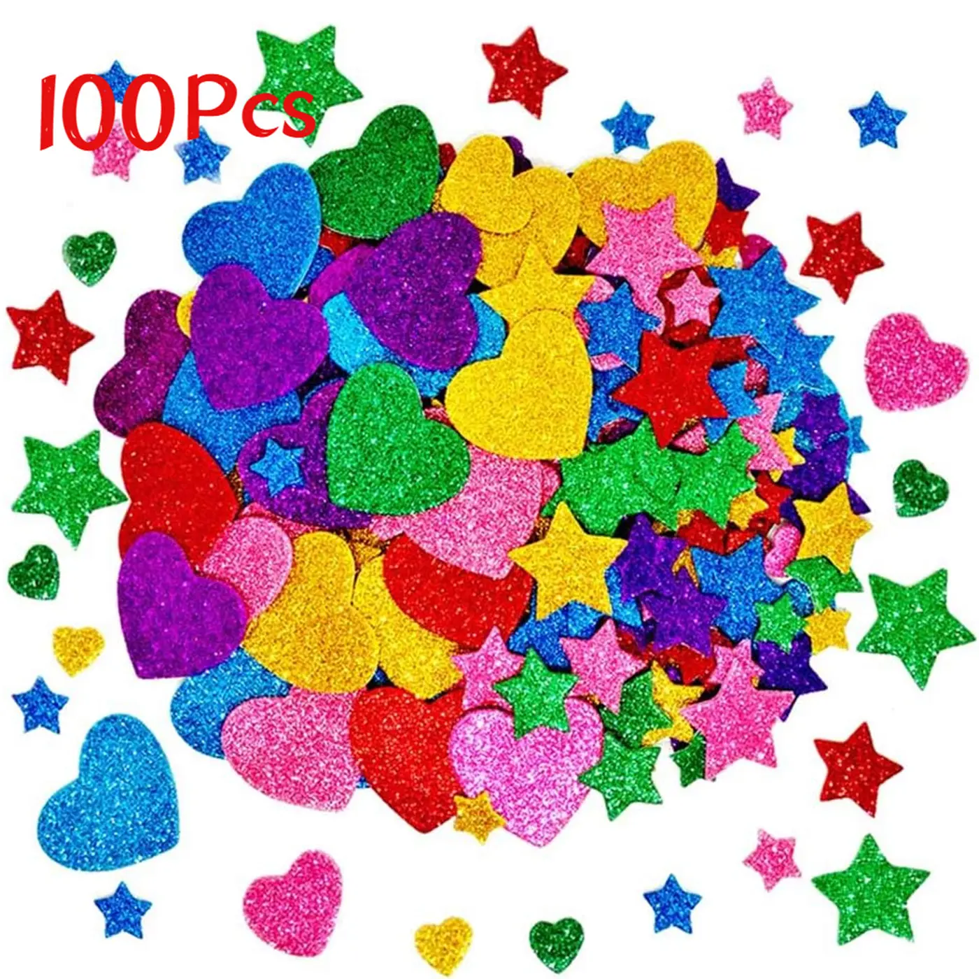 Colorful Glitter Foam Stickers Self-Adhesive Stars Mini Heart Shapes, Kids Art Craft Supplies Greeting Cards Home Decor