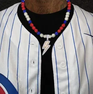 Iced Bling Disco Ball Rhinestone Pollyanna Crystal Bead Baseball Softball Necklace Red, White, Blue + Lightning Pendant
