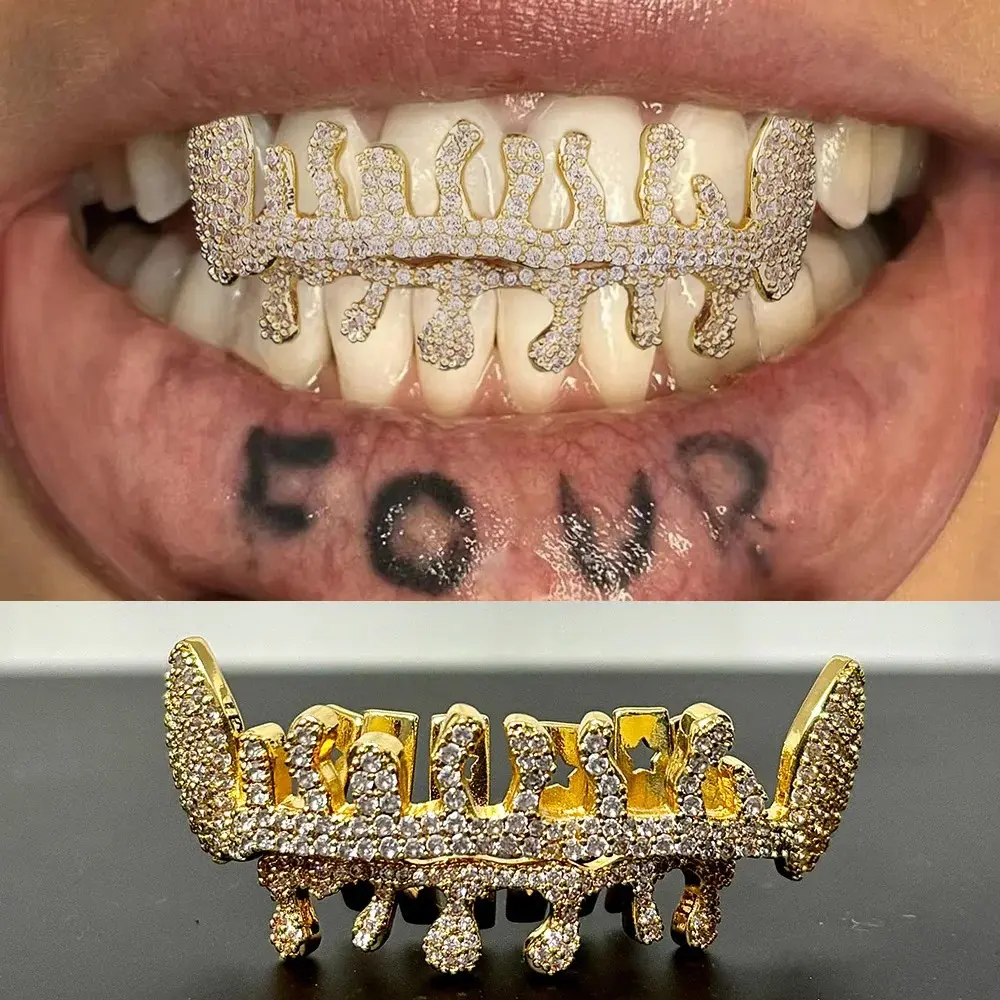 Full Iced Out CZ Stone Flame Teeth Grillz Braces Hip Hop Cubic Zircon Water Droplet Tooth Caps For Women Men Jewelry