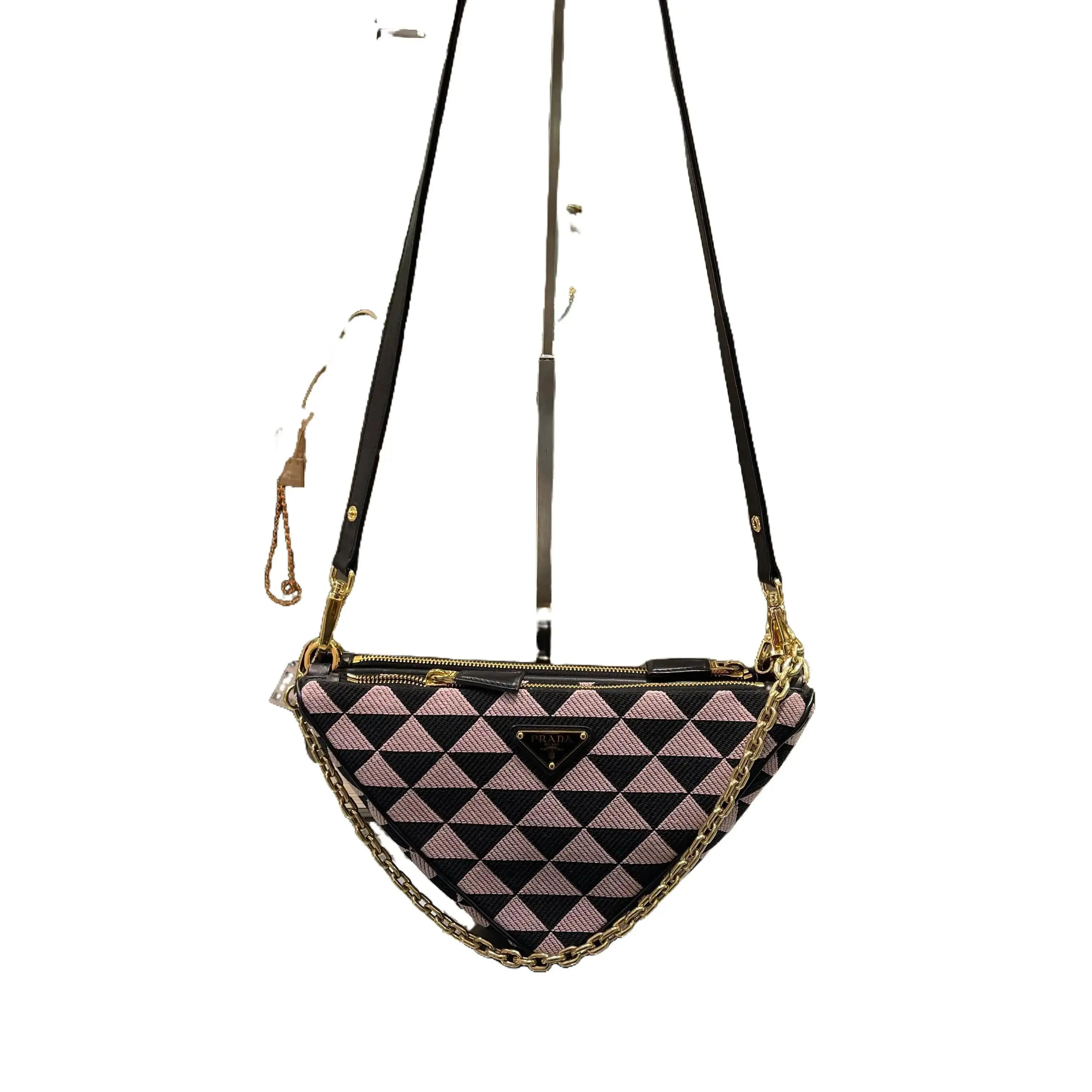 Pre-owned PRADA Calfskin leather & jacquard canvas Shoulder Bags Double Symbole Triangle Mini Bag Black Leather & Jacquard with Gold Hardware Fashion Accessory