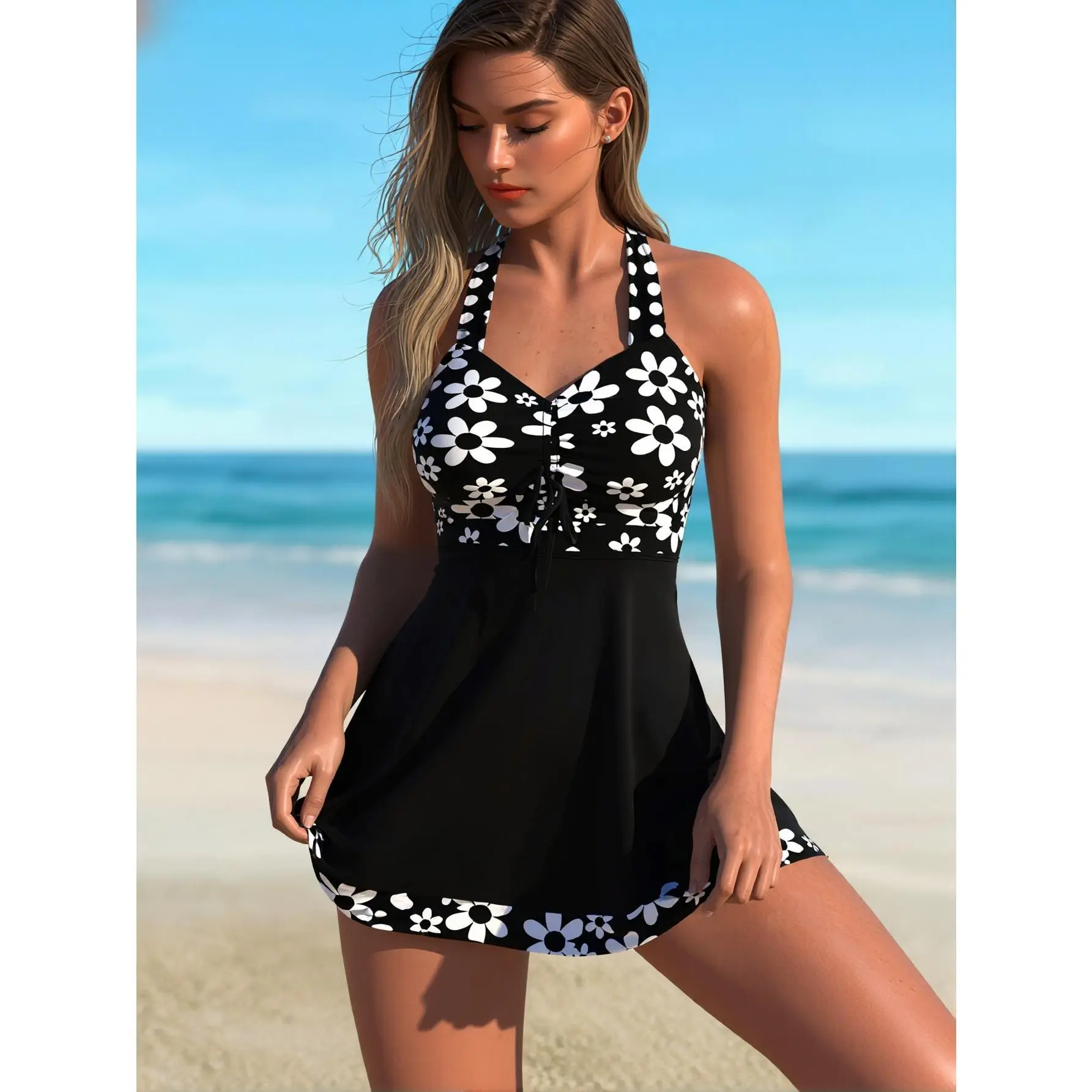 2026 Summer Black and White Daisy Print Swim Dress KA-P524-01 Trendy Conservative Halter Neck with Front Ruching Tummy Control Skirt Style for Beach Vacation Pool Party - TikTok Shop 2026 Summer Black and White Daisy Print Swim Dress KA-P524-01 Trendy Conservative Halter Neck with Front Ruching Tummy Control Skirt Style for Beach Vacation Pool Party - TikTok Shop