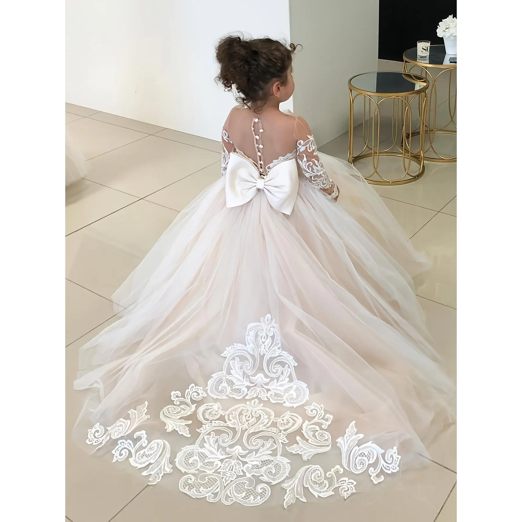 Girls' Elegant Long Puff Sleeve Princess A-Line Tulle Overlay Gown with Romantic Bow Draws Eyes, Polyester Dress Made for Weddings & Parties, Princess Bow Focus, Sizes 8-9Y,10-11Y,12-13Y (12 & Under)