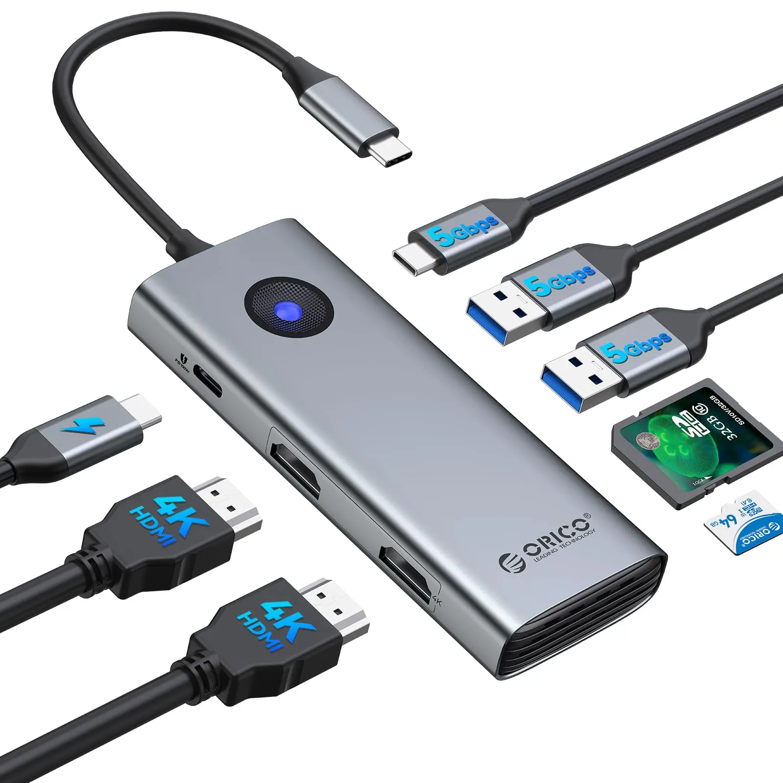 ORICO USB-C Docking Station Dual Monitor, 8-in-1 Laptop Docking Station with 2 HDMI 4K@60Hz, 100W PD, USB-A&C 3.0, SD/TF, USB C Dock Compatible with MackBook/Dell XPS/HP/Surface-T8H
