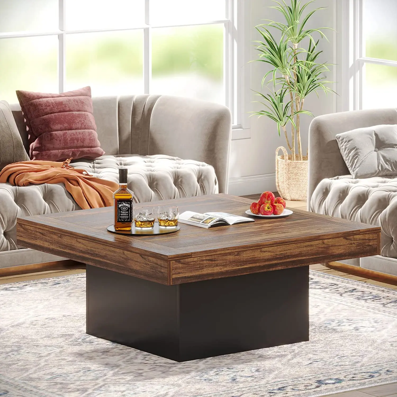 Tribesigns Coffee Table Square LED Coffee Table Engineered Wood Low Coffee Table for Living Room Rustic Brown & Black, Tea Table Living Room, 4feets