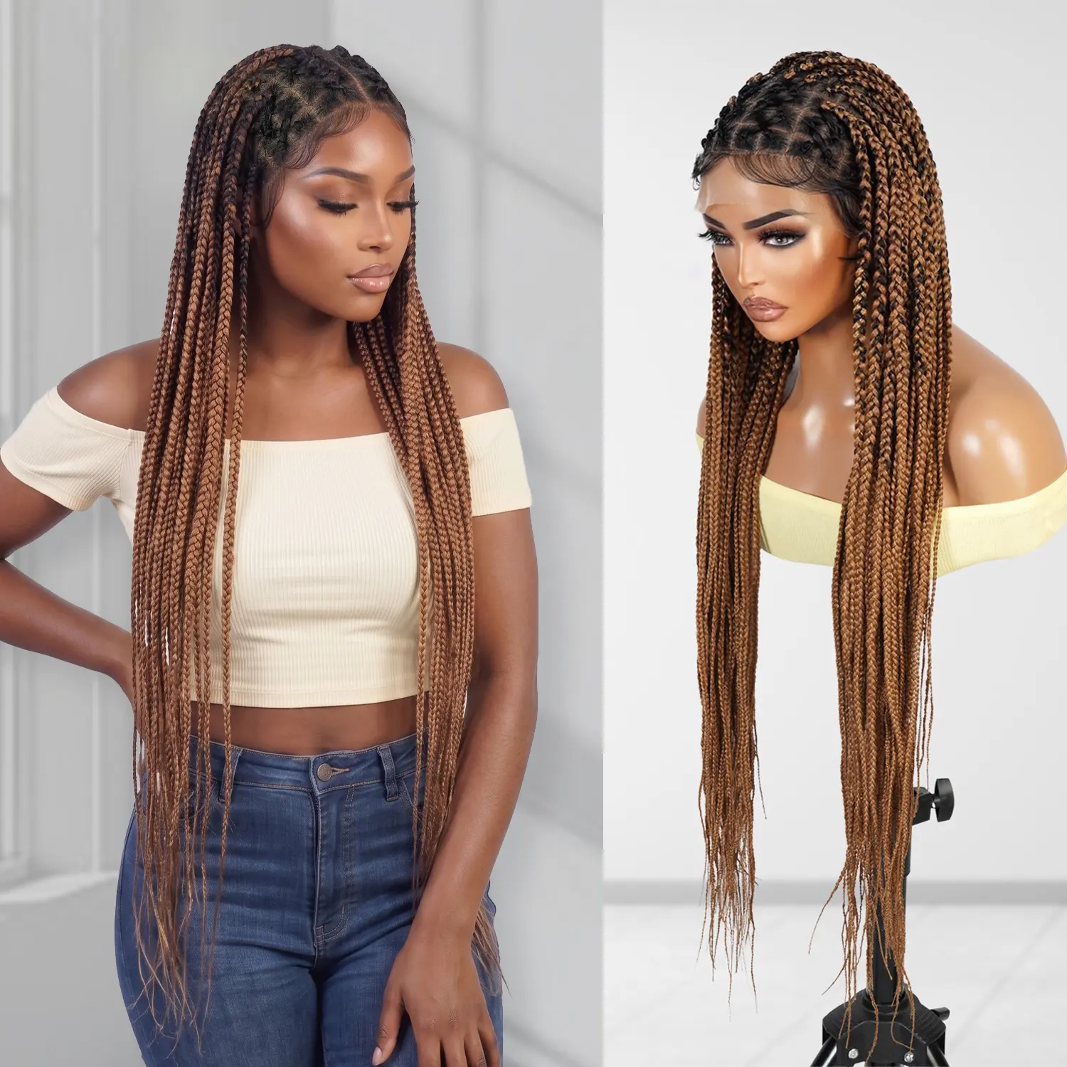 Authentic Synthetic Braided Lace Wig - Glue-Free Reusable 36" Large Crisscross Frontal Knotless Box Braid Full Lace Unit1, Fashion Hair Extension Accessory, Braided Lace Wigs Glue-Free Reusable Synthetic