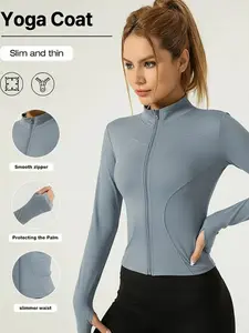 Slim Fit Stand Collar Full Zip Yoga Jacket, Waist Cinch Shaping Thumb Loop Long Sleeve Sports Top, Quick Dry Fitness Cardigan, Workout Clothes Women