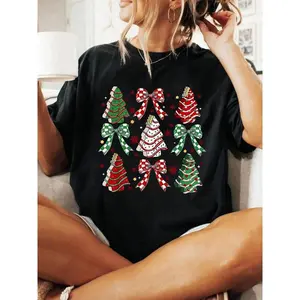 100% Cotton Coquette Bow Cake Trees Merry Christmas Xmas Holiday T-Shirt Print T-Shirt Casual Crew Neck Short Sleeve Comfort Tee Top For Spring & Summer Women's Clothing