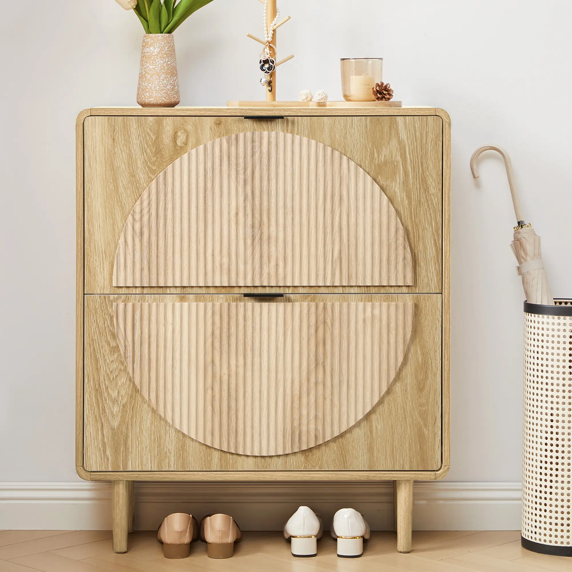 FurSch Modern Wooden Shoe Cabinet for Entryway, Slim 2-Tier Flip Drawers with Hidden Storage, Freestanding Narrow Shoe Organizer, Elegant Half-Moon Fluted Design, Perfect for Hallway or Small Apartments