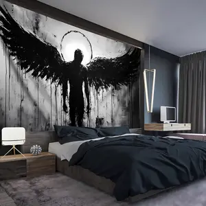 1pc Ultra Large Black Angel Landscape Tapestry - Premium Polyester HD Digital Print Wall Hanging with Hand-Stitched Edges, Wrinkle-Resistant Fabric & Free Hanging Clips, Soft Texture Artistic Decor for Living Room, Bedroom, Home Office, Angel Decor,