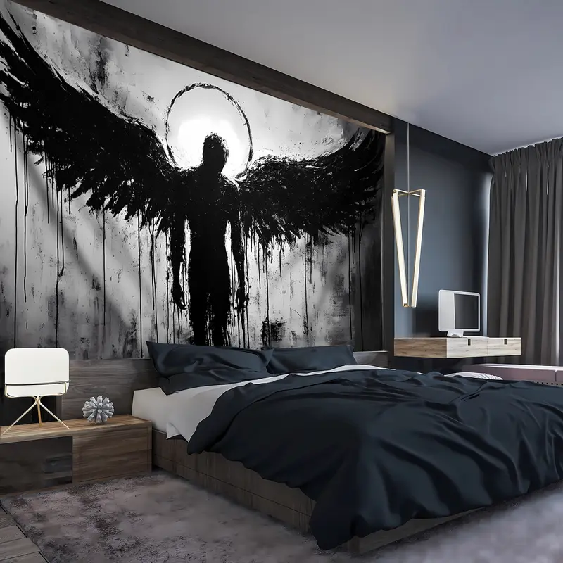 1pc Ultra Large Black Angel Landscape Tapestry - Premium Polyester HD Digital Print Wall Hanging with Hand-Stitched Edges, Wrinkle-Resistant Fabric & Free Hanging Clips for Living Room, Bedroom, Home Office Decor, Bedroom Accent, Artistic Interior, Soft T