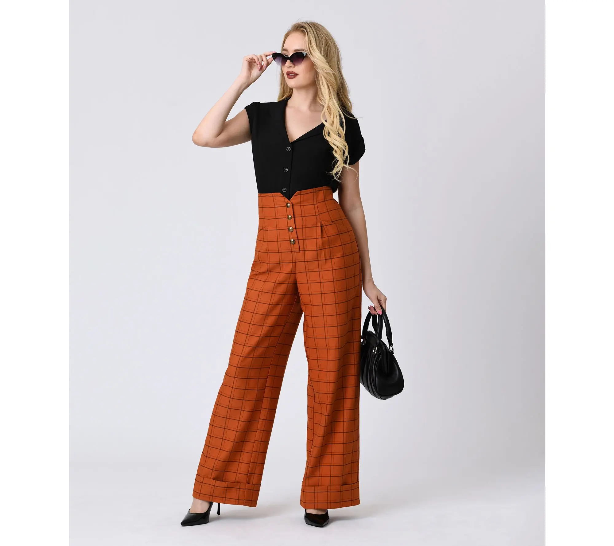 Unique Vintage Orange Windowpane Buttoned Wide Leg Trousers