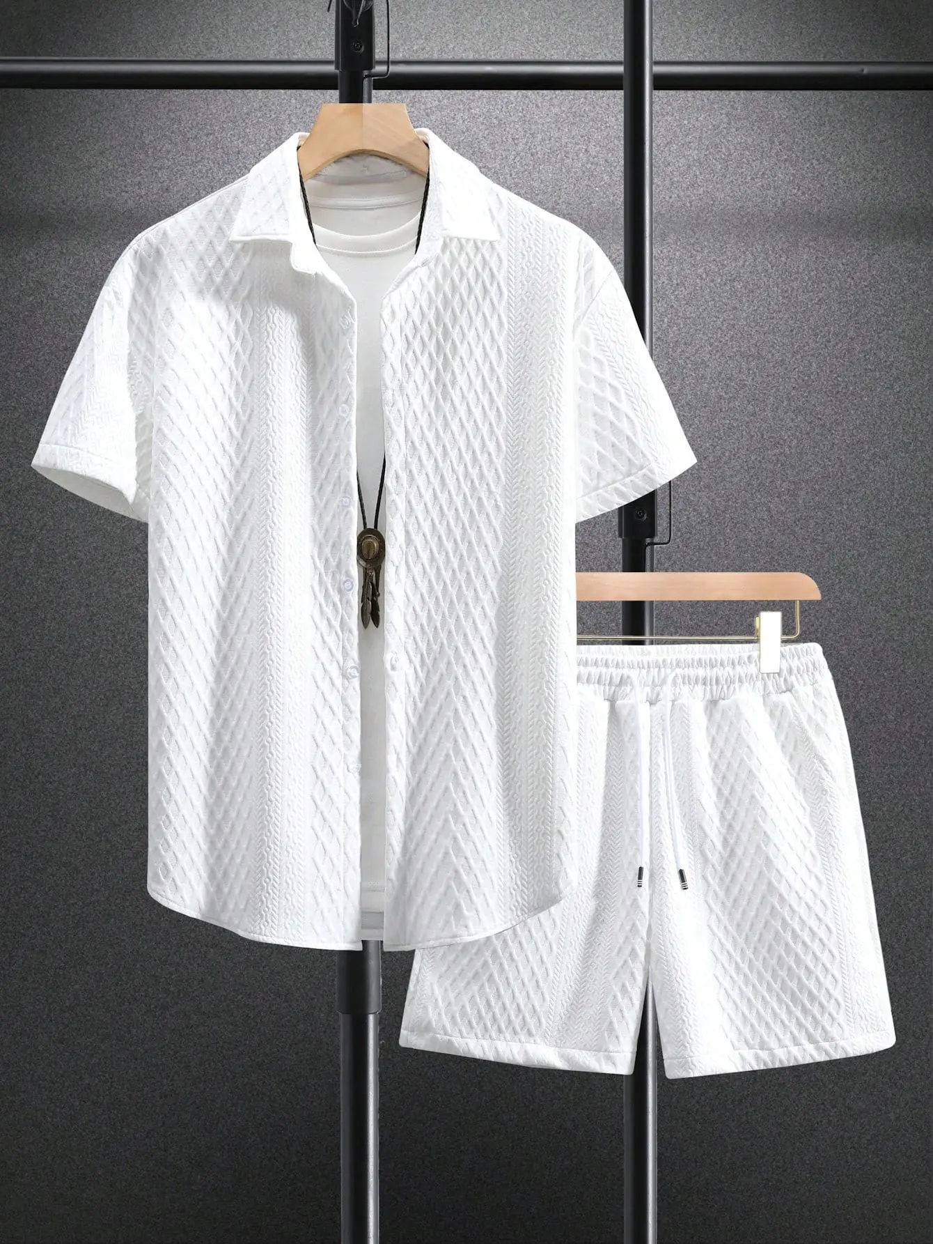 Textured Knit 2-Piece Outfit for Men, Summer Casual Loose Fit Button-Down Shirt & Drawstring Shorts Set for Vacation Daily Wear