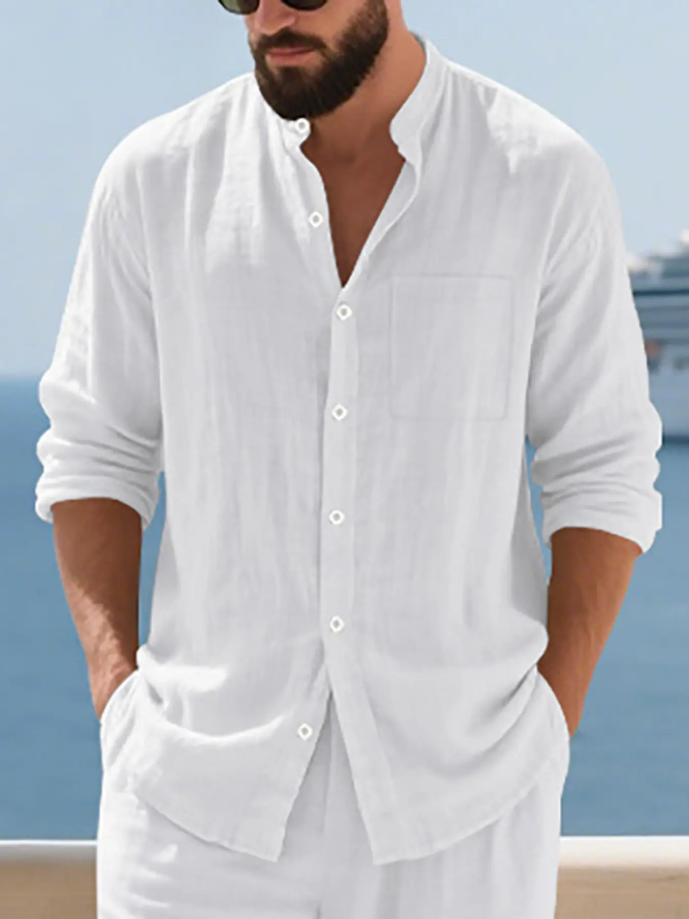 Men's Classic Casual Plain Breathable Linen Shirt, Fall & Winter Fashion, Button Front Stand Collar, Long Sleeve Open Front, Beachwear Style