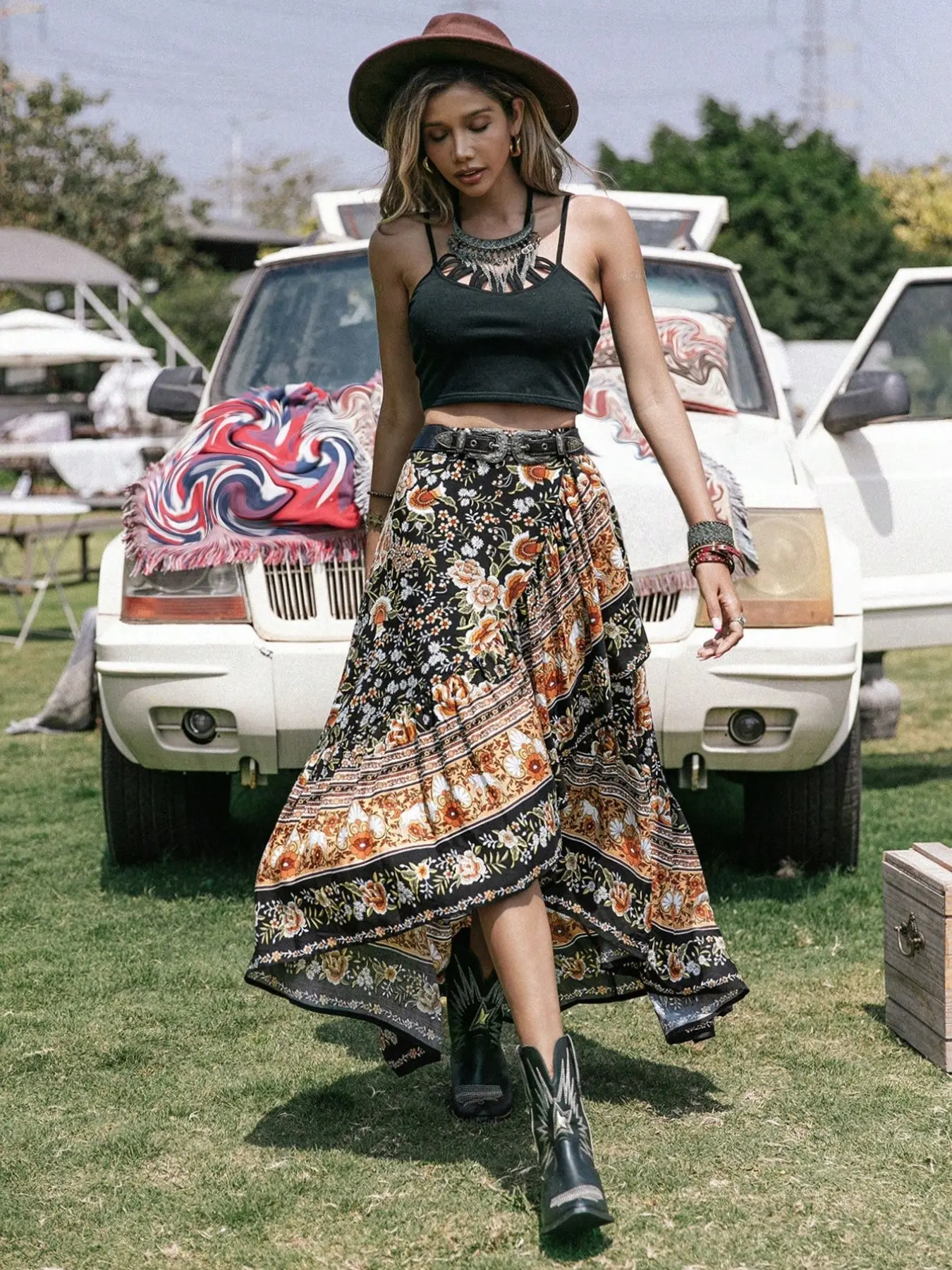 Plus Size Boho Tea Party Vacation High Waist Floral Patchwork Asymmetrical Bohemian Style Skirt, Boho Skirts, Print A-Line Midi Dress, Women's Fashion
