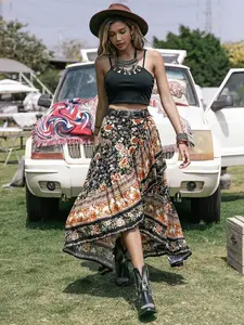 Plus Size Boho Tea Party Vacation High Waist Floral Patchwork Asymmetrical Skirt, Print A-Line Midi Dress, Women's Fashion