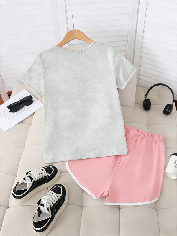 Summer Girls Casual Sports Short Sleeve Set with Eye-Catching Heart Smile Print, Loose Fit Shorts for Ages 2-7, Perfect for School & Weekend Outings