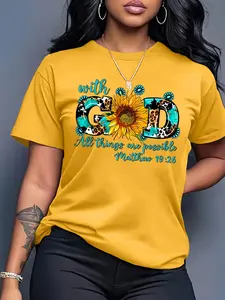 "With God All Things Are Possible" Sunflower Women's Casual Short Sleeve Crew Neck Cotton T-Shirt – Bestselling Faith Graphic Print, Heather Gray, Machine Washable Spring & Summer Top, Soft Skin-Friendly Fabric, Daily Versatile, Fashion Design