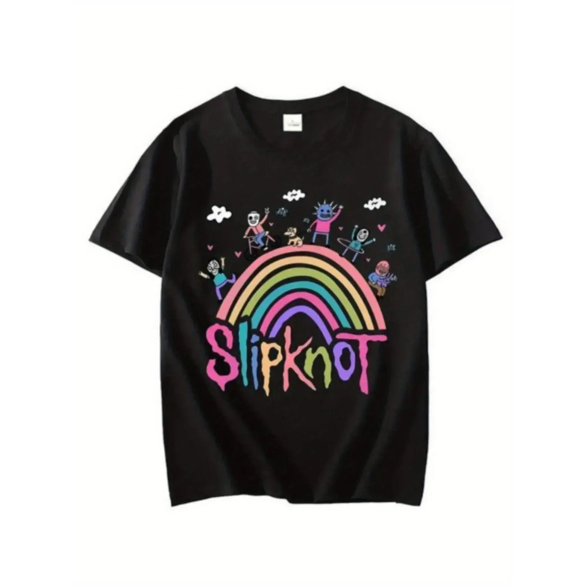 Boys' Crew Neck Cotton Knit T-Shirt - Black Slipknot Graphic, Colorful Band Members Design, Casual Short-Sleeve Cotton Top, Machine Washable Kids' Casual Wear, Crew Necks, Cotton Knit Fabric