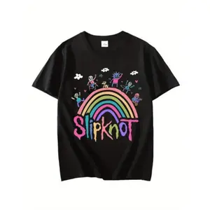 Boys' Slipknot Graphic Black T-Shirt - Casual Cotton, Short Sleeve, Crew Neck with Colorful Band Members Design, Machine Washable, Boys Casual Wear|Trendy Boys Tshirt|Cotton Knit Fabric, Boy Clothes