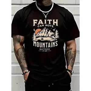 Faith Can Move Mountains Men'S   T-Shirt - Inspirational Biblical Print, Round Neck Short Sleeve Casual Tee, Black With White Lettering, Seasonal Trendy High Street Fashion, Casual Wear |   Faith Inspired Design |   Comfortable Fit