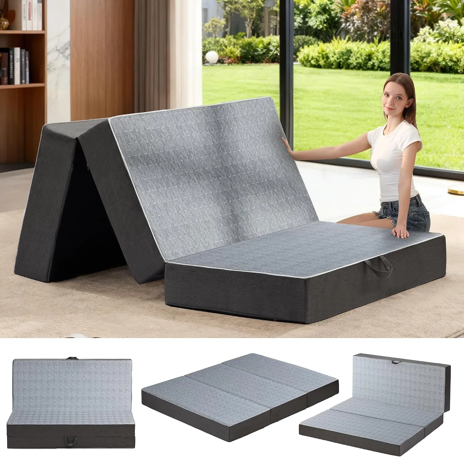 WINZOO Tri Folding Mattress Twin Size - 6 Inch Dual-Layer Memory Foam Foldable Mattress Portable Futon Sofa Bed with Removable Washable Cover, Handle & Non-Slip Bottom for Guest, Camping, RV, Yoga, Home Use