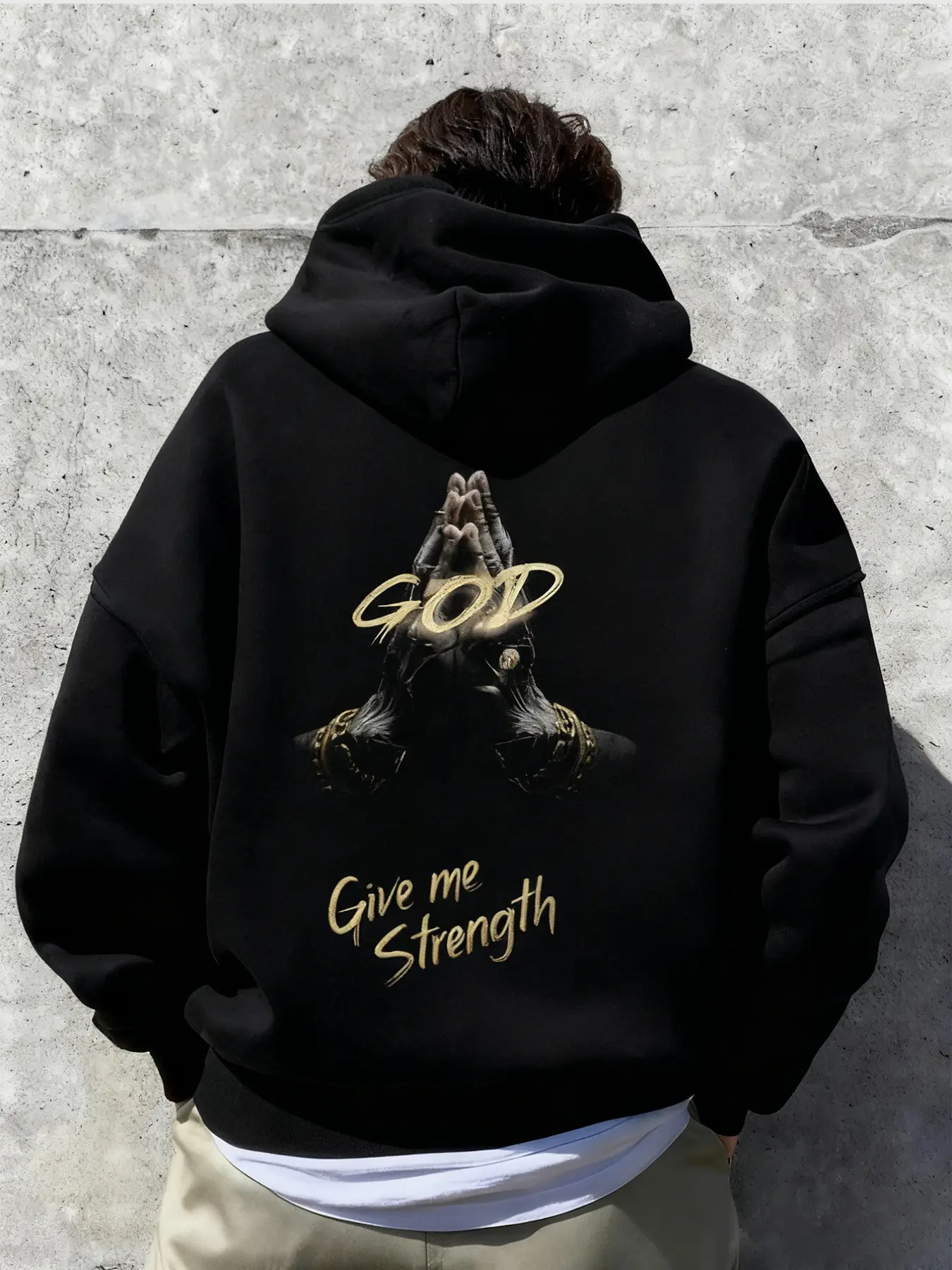 "god Give Me Strength" Gold Praying Hoodie, Religious Streetwear, High-Quality Foil Print, Dark Religion Style, Fall & Winter Fitted