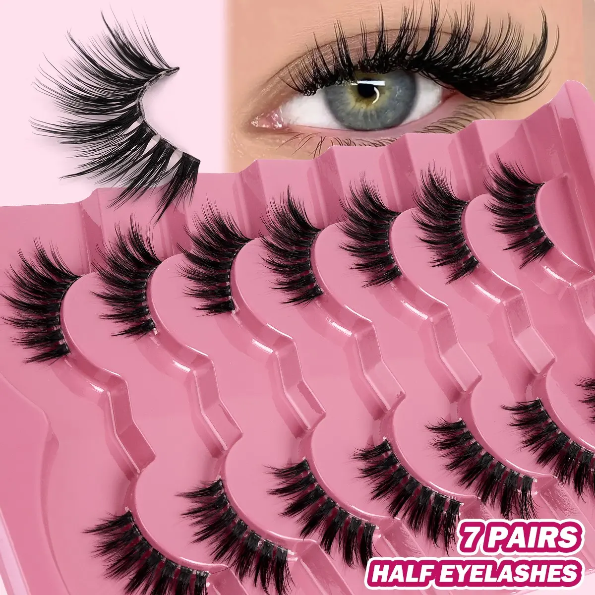 MAGEFY 7 Pairs Wispy Half Eyelashes - 3D Natural Curl Faux Mink Lashes, D Curl Cat Eye Half Lashes, Soft Invisible Band, Lightweight & Reusable, Voluminous Charming Look for Daily Wear, Dating, Party & Makeup Looks