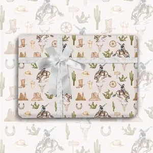 Western Cowboy Wrapping Paper - Not Roll - Wild West Rodeo Gift Wrap Paper Bulk 27.6 x 39.4 Inch Folded Flat Tropical Art Paper for Birthday Baby Shower 6 Sheet Cute Funny Design