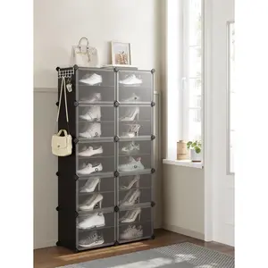 Rack, 10 Cubes  Organizer With Doors, 40 Pair Plastic  Storage Cabinet, For Bedroom, Entryway, Steel Frame, shoe