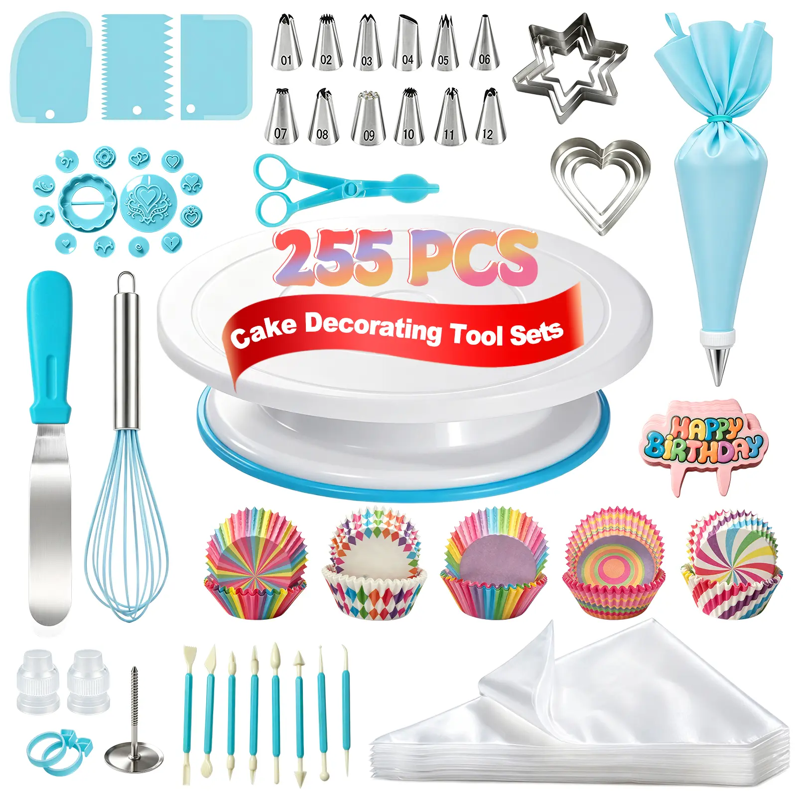 255 Pcs Icing Piping Bags and Tips Set, Cake Decorating Kit with Piping Tips, Spatula x1 Miniature converter Steel piping tips x12 Fondant pen X8 Disposable paper cups x100 Pastry Bags for Cookie Cupcake Decoration, Cake Decorating Tips Set