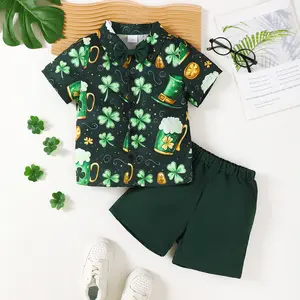 Ready Stock 4-7Y Toddler Boys St. Patrick's Day Clothes Lucky Clover Full Print Short Sleeve Button-down Shirt Elastic Shorts 2Pcs Outfits 42412062