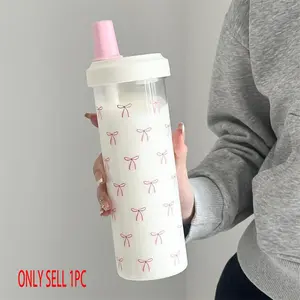 1pc 500/750 ml Pink Bow Straw Tumbler Water Bottle With Lid, Cute Reusable Drinking Tumbler Coffee/Milk Tea Plastic Cup, Plastic Bottles With Lids, Large Capacity Portable Lightweight Water Bottle Gift For Girlfriend, Birthday, Valentine's Day, Drinkware