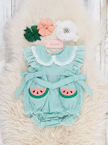 Watermelon Sweetie Ruffle Embroidered 100% Cotton Bubble Romper