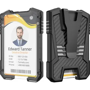 Carbon Fiber Badge Holder/ID Card Holder/Portable Travel Wallet with Manganese Steel Clip, Heavy Duty Vertical Clear ID Holder for Work ID, Credit Cards