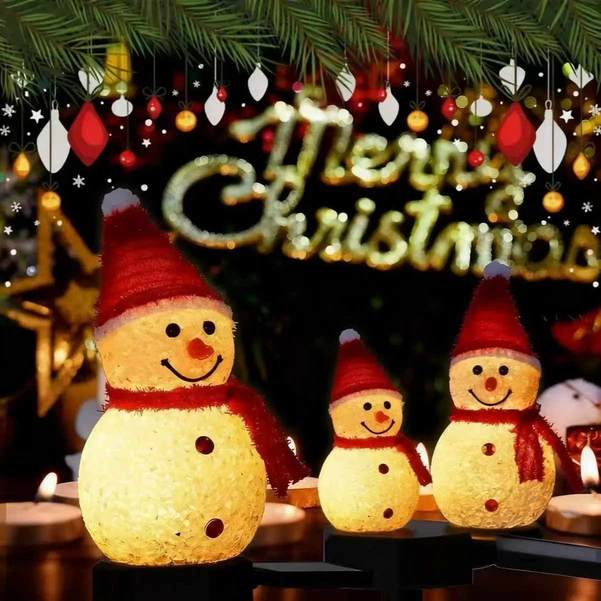 3-Piece Red Christmas Snowman LED Landscape Lights New Style Ground-Inserted for Outdoor Garden Courtyard & Lawn Decorations